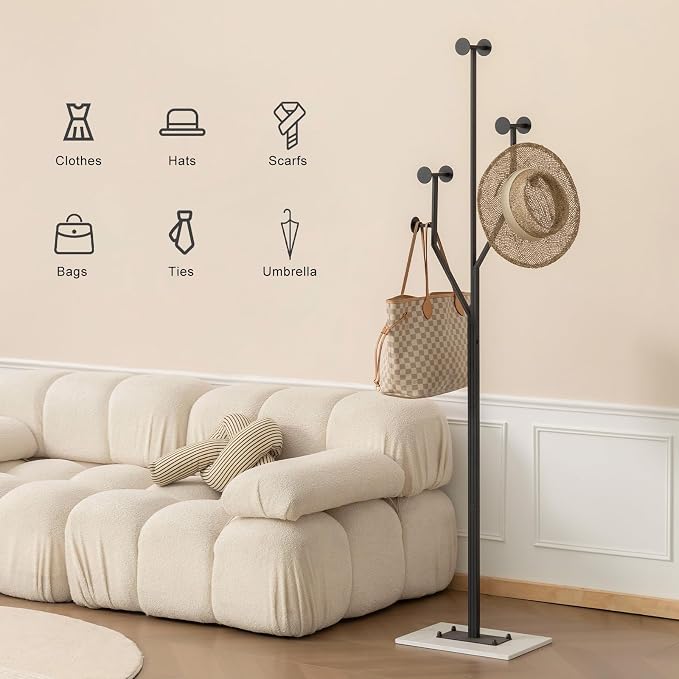 JIAYUEJU Freestanding Coat Rack Coat tree for Entryway Bedroom (Black) | Tree-shaped, Easy Assembly, Space Saver, Heavy Duty, Metal Frame, Marble Base, 8 Hooks, Living Room, Office, Corner