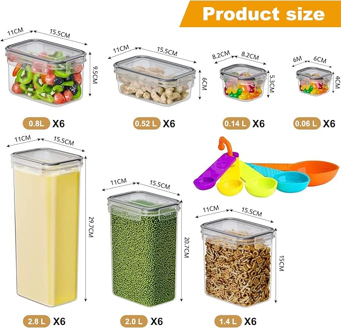 42pcs Airtight Containers, Clear Stackable Dry Food Storage | 42pk clear airtight containers with tight lids keep dry food fresh. Safe plastic, stackable for pantry kitchen storage