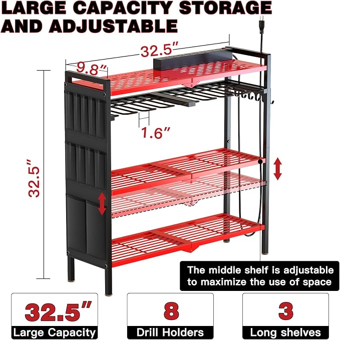 NattyDot Power Tool Organizer Cart with Charging Station, 8 Drills, Red | Freestanding Power Tool Cart Holds 8 Drills; Charging Station Powers Batteries while Sturdy Shelves Organize Garage Gear