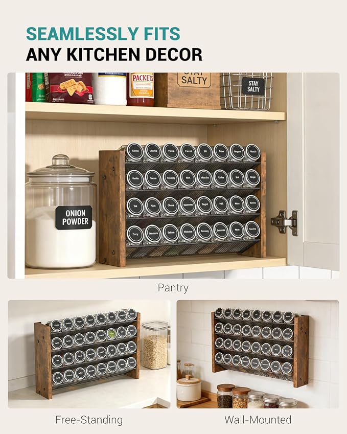 NESAPTO Spice Rack Organizer for Cabinet, Wood 4-Tier Vertical Seasoning Organizer, Wall Mount or Countertop Spice Shelf, Holds 32 Jars (No Jars Included), 15.7" W x 10.3" H
