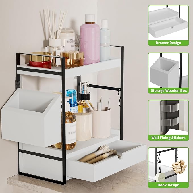 2-Tier Bathroom Counter Organizer, Wooden Vanity Shelf with Drawer & Basket | Pre-Drilled Holes, Skincare & Makeup Countertop Organizer and storage, White