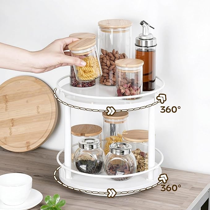 YATINEY Lazy Susan Organizer, Rotating Spice Rack, 2 Tier Spice Turntable Organizer, Industrial Turntable Spice Holder, for Kitchen Countertop, Compact and Versatile, White SR22WW