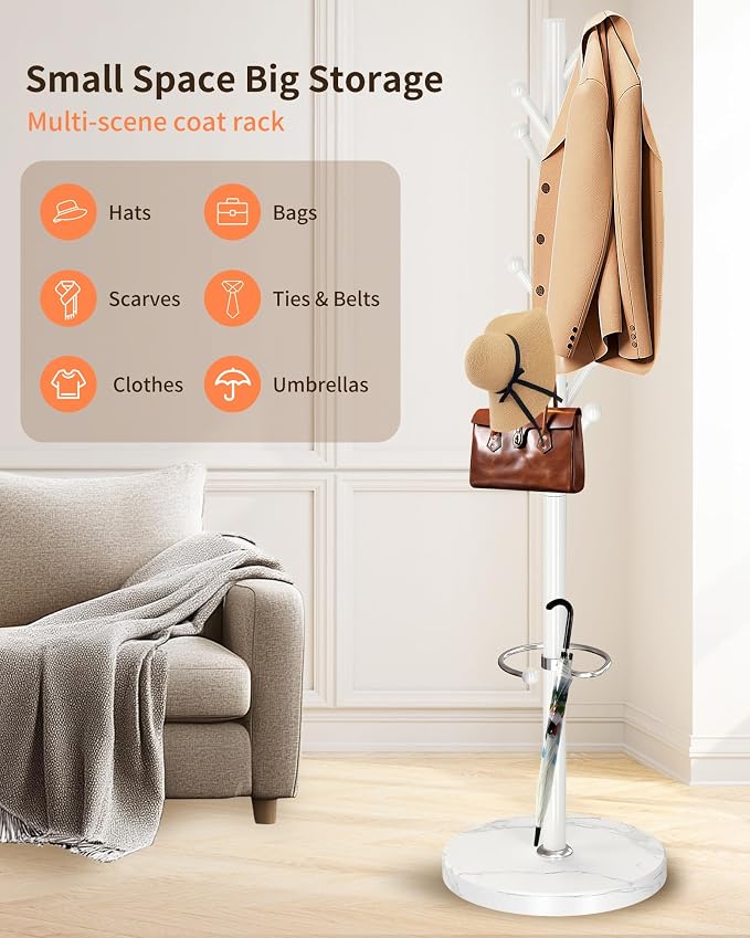 ZOZOE Coat Rack Stand, White Coat Rack Freestanding with Umbrella Holder | Coat Rack with Natural Marble Base,Modern Coat Stand with 8 Hooks,Clothes Tree Stand for Bags Hats in Hallway Entryway Corner