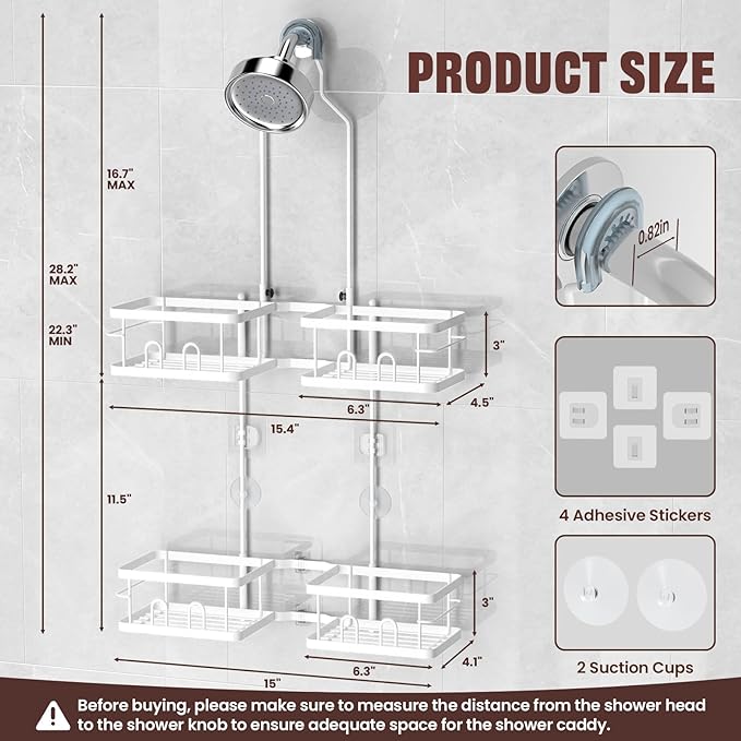 REINHARDT Adjustable Shower Caddy Hanging for Handheld Showerheads, White | Patented Shower Organizer, Rustproof, 40lbs Capacity, Anti-Swing, Tool-Free, Suction Cups, 8 Hooks, Soap & Toothbrush Holder