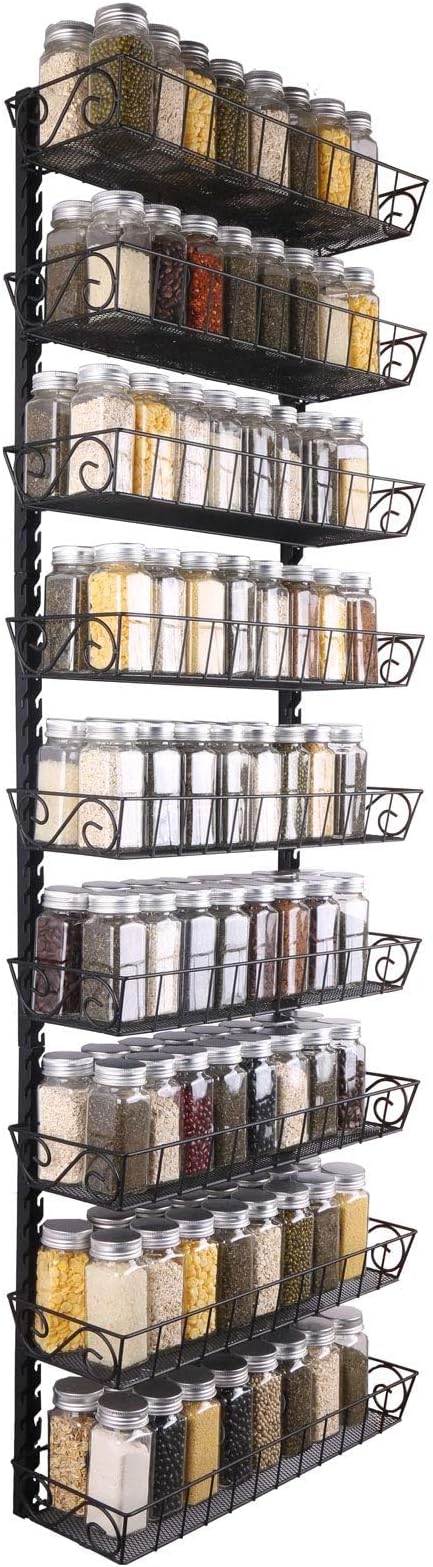 SWOMMOLY Wall Mount Spice Rack Organizer, 9-Tier Adjustable Dual-Use Shelf | Hanging Spice Rack Organizer, Kitchen Pantry Cabinet Storage Holder for Spices, Mason Jars, Bottles & Cans, Black