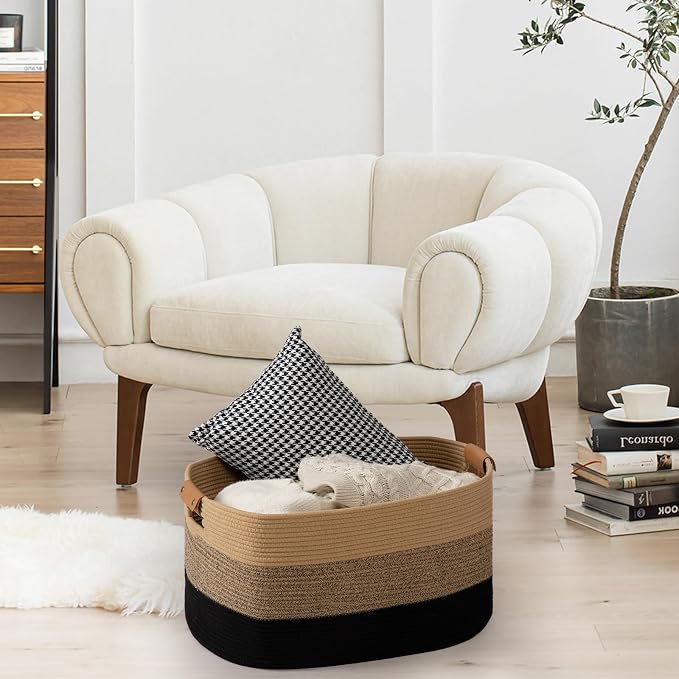 danpinera Large Blanket Basket for Living Room,72 L Rectangle Toy Storage Basket for Nursery Room, Woven Rope Storage Box with Leather Handle, 22’’*17’’*11.8’’, Gradient Linen