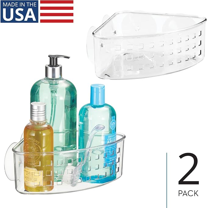 iDesign Plastic Suction Cup Corner Shower Basket, Set of 2, Clear | Bathroom Storage, Made in USA
