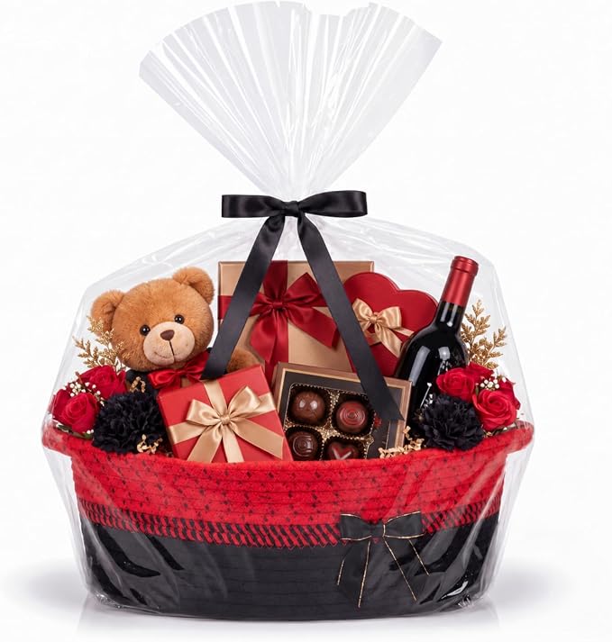 Colingmill 1 Set Woven Empty Basket for Gift,Red Black | with Cellophane Wrap Set, 14 x 10 x 5.5 Inch, Medium Decorative Gift Basket, Cotton Rope Storage Box, Home Decor