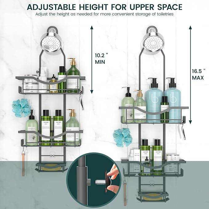 REINHARDT Shower Caddy Hanging Adjustable, Extended Length Rustproof Shower Caddy Over Shower Head with Hooks Soap Holder, Large Capacity Shower Organizer Anti-Swing Bathroom Organizer, Grey | Shower Caddy Over Showerhead, Extra Long, No Drilling, Anti...