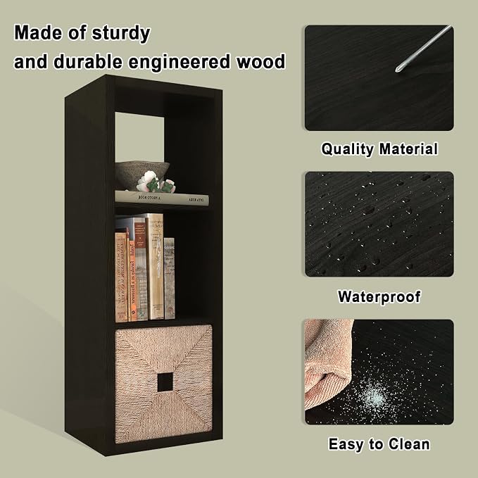 CTESNE【2026 Wooden Thick Frame 3 Cube Storage Organizer Shelf with Anti-Tipping Kits + Reversible Open Back Bookcase, Horizontal and Vertical Dual-use（Chocolate,11inch）