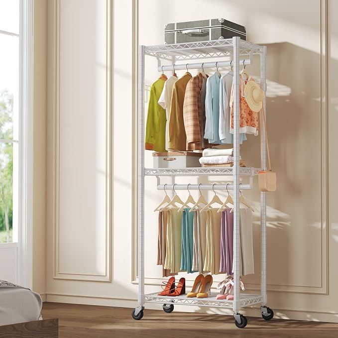 OLIXIS Clothes Rack Heavy Duty Adjustable Garment Clothing Rack with Wheels, Rolling Metal Freestanding Closet Organizer for Hanging Clothes with 2 Side Hooks, Double Rods, 29.5"x15.7"x75.6", White