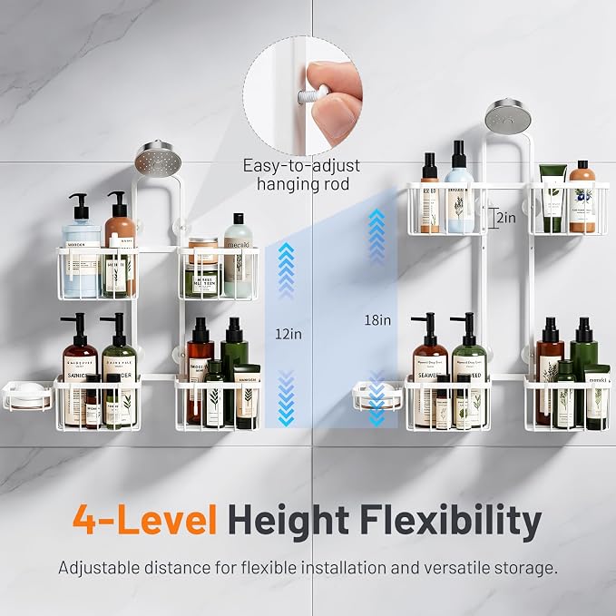 Luxspire Hanging Shower Caddy Overhead, Shower Organizer Hanging, White | No Drilling Required, Height-Adjustable, Thickened Rustproof Stainless Steel, Heavy-Duty, Include 8 Hooks And Soap Holder