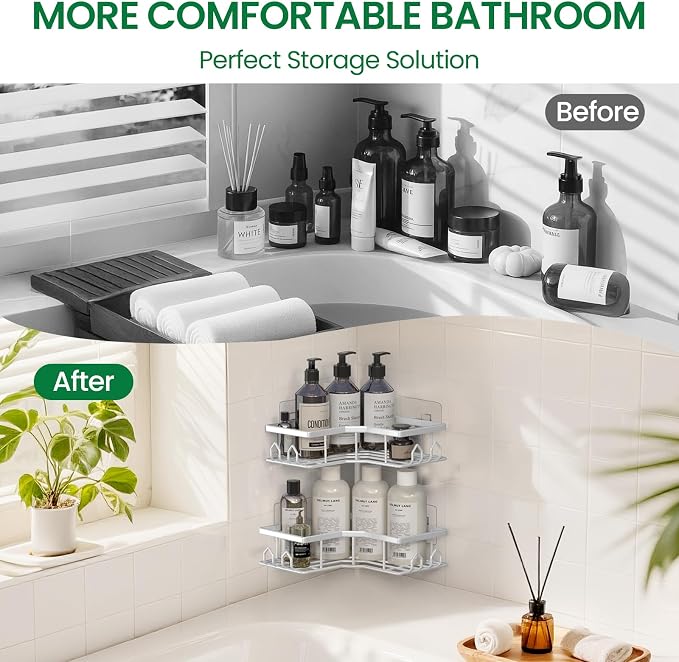 Adhesive Shower Caddy, 4 Pack Corner Bath Organizer, Rustproof Stainless Steel Shower Shelves with Large Capacity, No Drilling Shelves for Bathroom Storage, Home, Kitchen Décor (White).