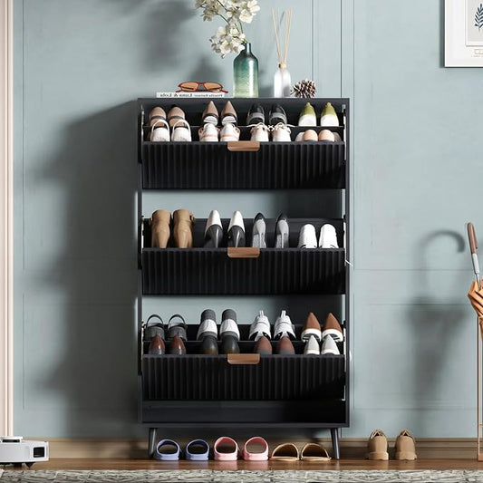 Shoe Cabinet Storage,Modern Freestanding Organizer with 3 Flip Drawers,Narrow Shoe Rack Cabinet for Entryway,Black