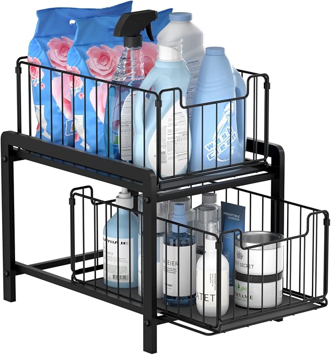 NPPLUS 2 Tier Black Under Sink Organzier With Sliding Drawer | Iron Under Sink Cabinet Organizers Pull Out Home Storage For Bathroom Kitchen Desktop
