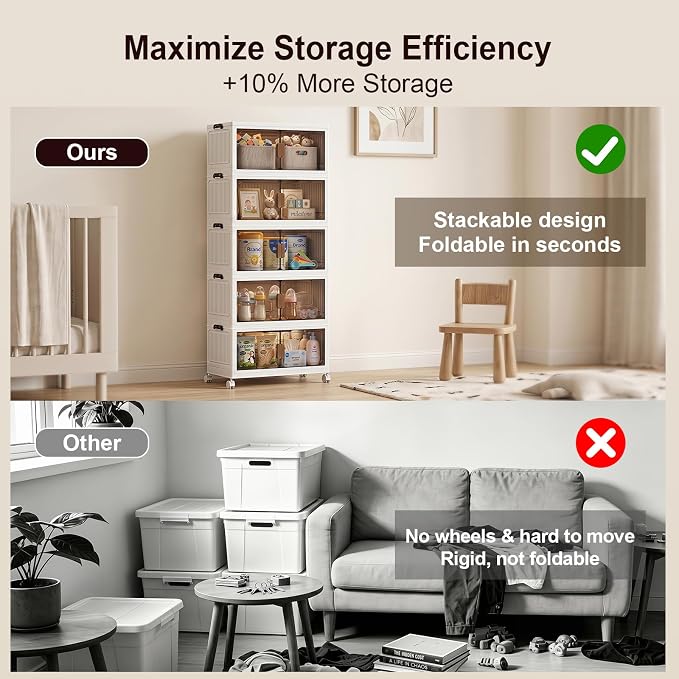 120QT Stackable Storage Bins With Lids, Collapsible Plastic Storage Bins with Wheels and Doors, Foldable Plastic Cabinets for Bedroom Dorm Garage Office Kitchen, 5 Pack