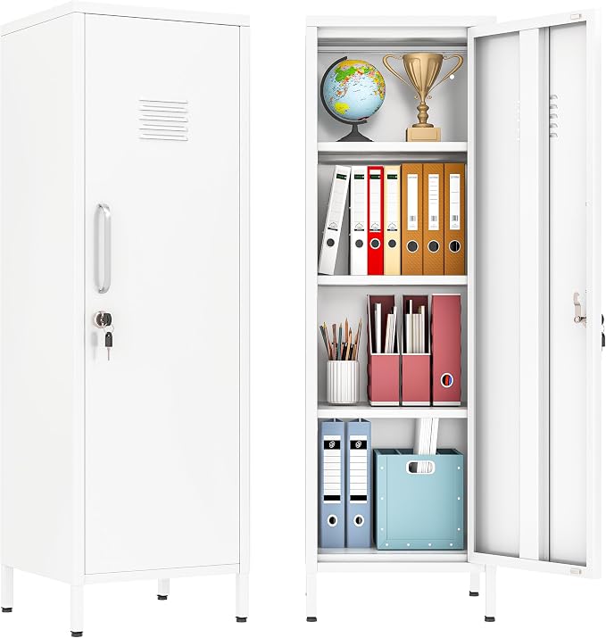 PAOFIN 47" Metal Storage Locker, Lockable Employees Metal Locker with Door and Adjustable Shelves, Steel Locker for Home, School, Office, Gym (White)