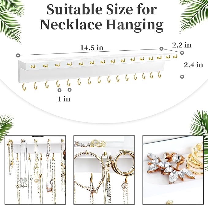 YYILIS Necklace Holder, Upgraded Extra Large Wall Necklace Organizer | 30 Hooks Wall Mounted Necklace Hanger with Jewelry Tray / Cosmetics Shelf Rustic Pine Wood Holder (White)
