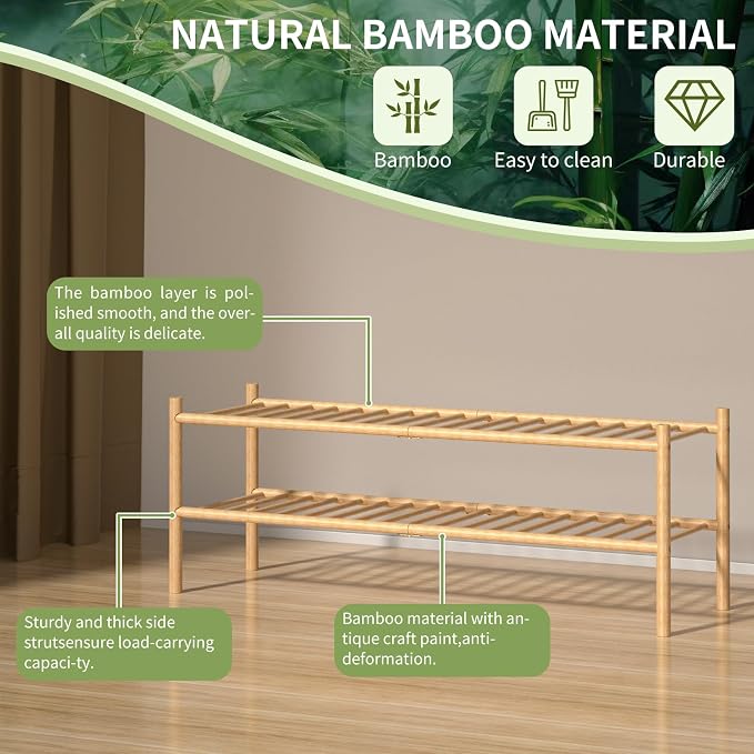 ROMGUAR CRAFT 2-Tier Bamboo Long Shoe Rack, Free Standing Wood Shoe Shelf Storage Organizer for Closet Entryway Stackable 35"x11"x13" (Natural)