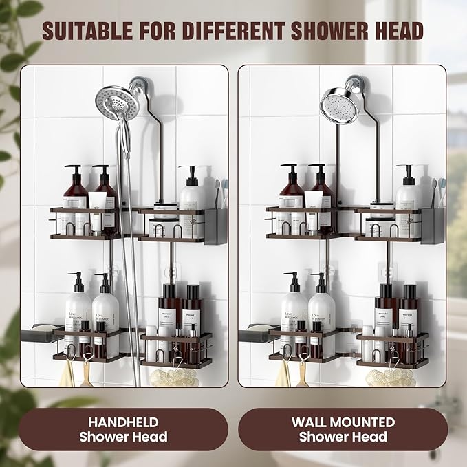 REINHARDT Adjustable Shower Caddy Hanging for Handheld Showerheads, Bronze | Patented Shower Organizer, Rustproof, 40lbs Capacity, Anti-Swing, Tool-Free, Suction Cups, 8 Hooks, Soap & Toothbrush Holder