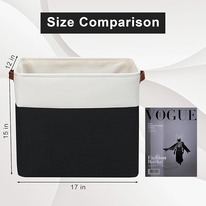 Bagnizer Large Fabric Storage Baskets | 50L Storage Bins, Decorative Linen Closet Baskets with Handles for Organizing, Shelf, Toys, Clothes, Home, Office, Nursery, 17x12x15Inches (Black&White)
