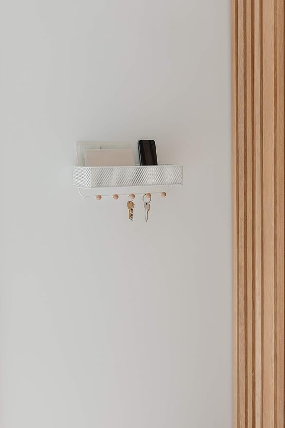 Umbra Estique Entryway Organizer, Wall Mount Key Holder, White/Natural | Steel construction, perforated mail bin, five wooden knob hooks, hidden mounting hardware, holds up to 5 lbs