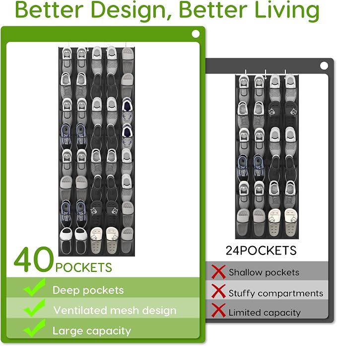 Over the Door Shoe Organizer with 40 Large Breathable Mesh Pockets, Space Saving Shoe Holder, Hanging Shoe Rack for Entryway Bedroom Closet Storage (Black, 80 Pockets)