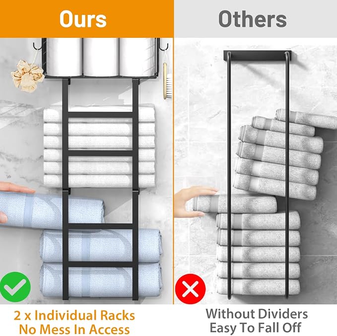 Towel Racks for Bathroom, 34IN Towel Rack Wall Mounted with 2 Pack Towel Shelf and a Wire Basket, Rolled Towel Holder Shelf Bathroom Storage and Organizer, Sturdy Metal & Wood, Black