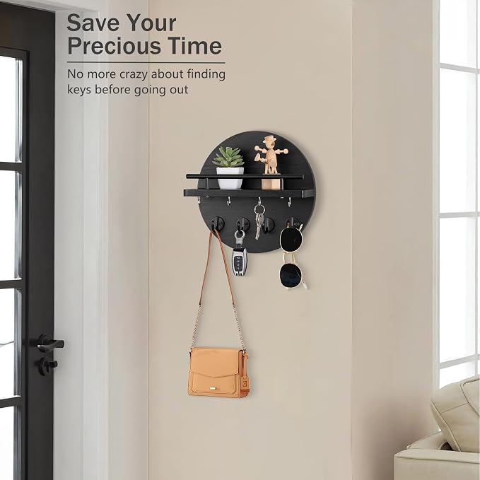 dreampossible Key Holder Wall Mount - 10.2 Inch Decorative Key Rack and Mail Organizer with 8 Key Hooks - Wooden Key Hanger with Shelf for Wall and Home Decor