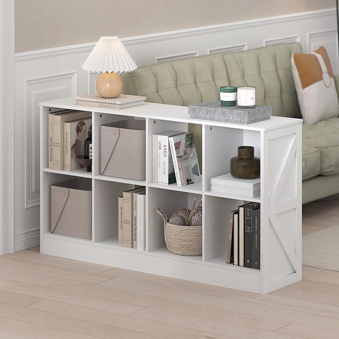 Furinno Jensen Book Shelf, 8-Cube Farmhouse Bookshelf, Display Bookcase, 11.8 x 47.6 x 26.8, for Living Room, Bedroom, Home Office, White