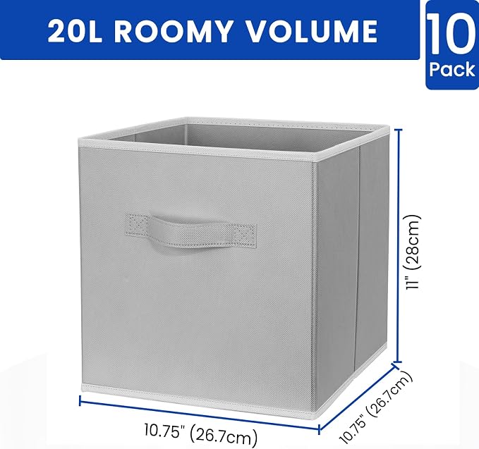 Criusia Storage Cubes, 11 Inch Cube Storage Bins for Shelves (10 Pack), Fabric Collapsible Storage Bins with Dual Handles, Foldable Cube Baskets for Magazines, Closet Organizers and Storage Box (Grey)