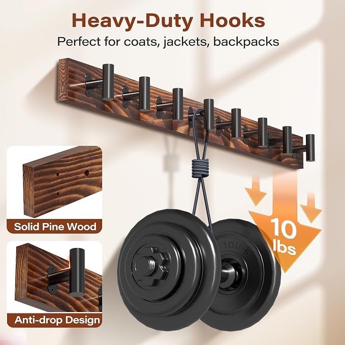 2 Pack Coat Rack Wall Mount with 8 Pre-Installed Metal Hooks | 32.3" Rustic Pine Solid Wood Coat Hooks Wall Mount for Hanging Jacket Hat Backpack, Entryway Living Room, Easy to install