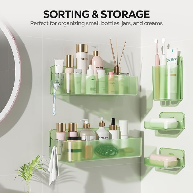 Nieifi Adhesive Shower Shelves, Green, 5 Pieces | Rustproof ABS, Large Capacity, Removable Design, Easy-Clean, No Drilling Shower Organizer for Bathroom Storage & Home Decor