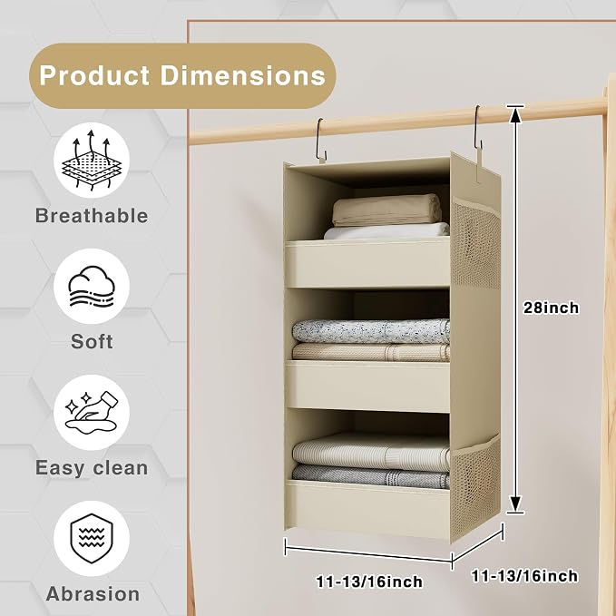 3-Shelf Hanging Closet Organizer, Washable Foldable Storage Shelves, Beige | Front lip keeps items secure; side pockets add room; Oxford fabric handles towels, shirts, baby items, dorms, RVs or travel.