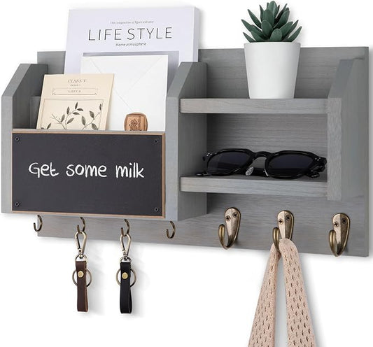 Lwenki Mail and Key Holder – Wall Mount Key Hanger with Shelf and 7 Metal Hooks – Decorative Natural Paulownia Wood Entryway Organizer with Mounting Hardware (16.5”W x 8.7”H x 3.5”D) (Gray)