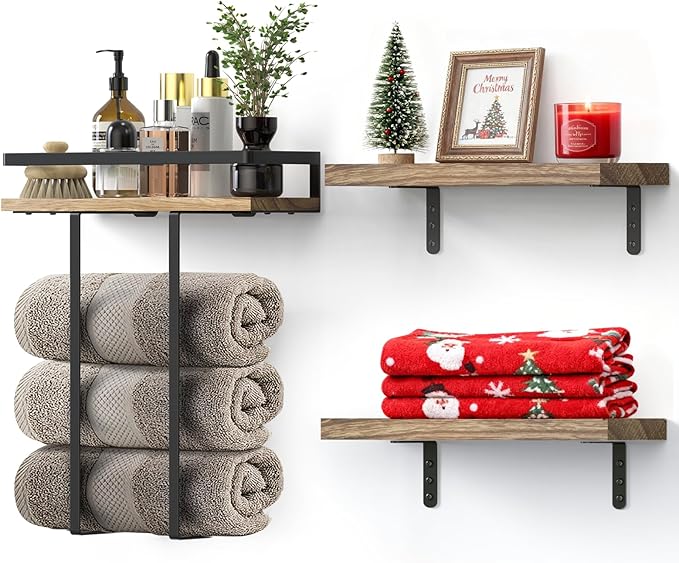 Towel Racks for Bathroom-Wall Mounted Floating Shelves for Wall Bathroom Bedroom Kitchen Living Room, Hanging Book Shelves Decor Bathroom Organizer, 16 inch Solid Wood, Carbonized Wood Color