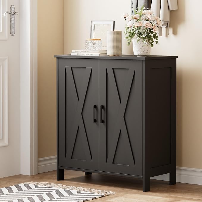 Homleke Farmhouse Shoe Cabinet with 2 Barn Doors & Wood Legs | Tall 4-Tier Shoe Storage Cabinet, 3 Adjustable Shelves, Shoe Rack Organizer, for Entryway, Hallway, Closet, Black