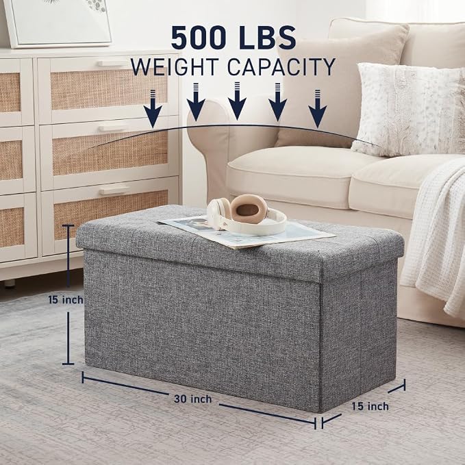 Ornavo Home 30 Inch Folding Storage Ottoman Bench, Tufted Linen, Gray | Upholstered Large Ottoman with Lid; Foot Rest Stool; Ideal for Bedroom, Living Room or Entryway