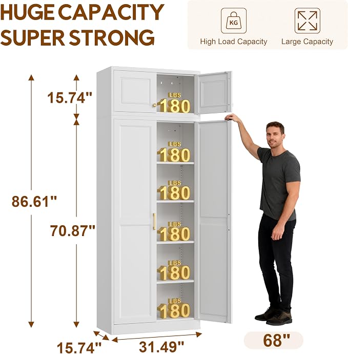 UNICOLY 86.6" Kitchen Pantry Cabinet, Pantry Storage Cabinet with Doors | Tall Storage Cabinet with 4 Shelves，Metal Kitchen Pantry for Kitchens, Living Room, Dinning Room, Assembly Required, White