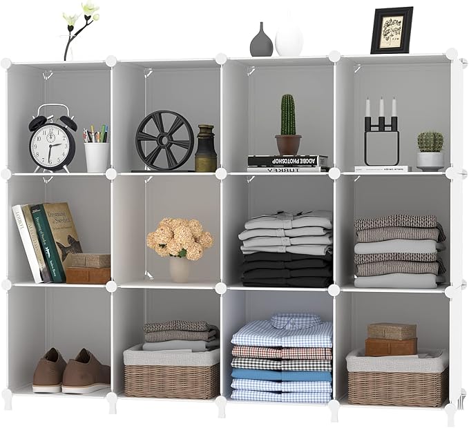 AWTATOS 12 Cube Storage Organizer, Closet Organizer Storage Shelves, White | Portable Closet Organizers, DIY Stackable Storage Cubes Shelves Bookshelf, Plastic Clothes Shelving for Home, Bedroom