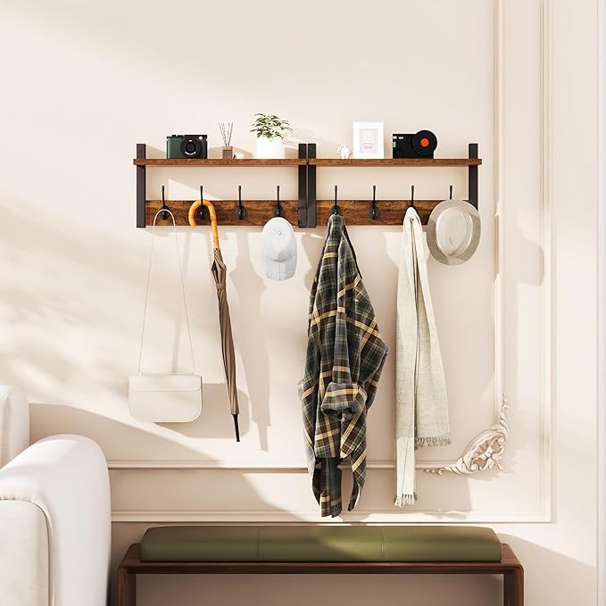 YMYNY Coat Rack Wall Mount with Shelf and Hooks, Rustic Brown UHWS001H-2 | 2 Pack Wooden Wall Mounted Coat Hanger with Shelf and 8 Double Hooks, Wall Coat Rack for Entryway Hallway Bedroom Bathroom