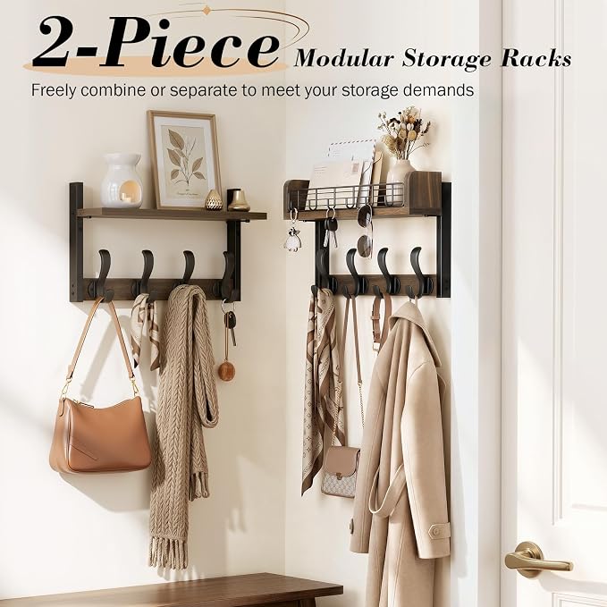 Delamu 32" Coat Rack with Shelf, 4 in 1 Coat Hanger Wall Mount with Shelf, Wooden Entryway Wall Organizer with Hooks, Brown