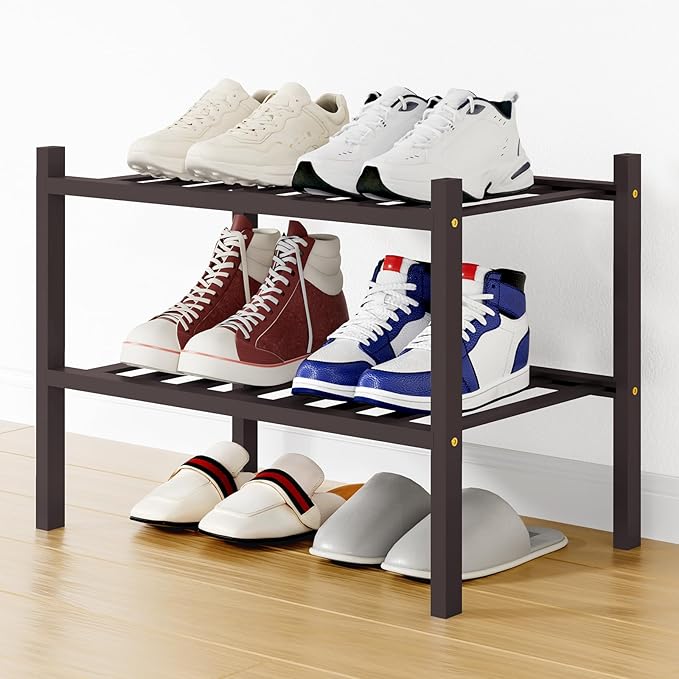 Smiry Bamboo Shoe Rack, 12 Vertical Slats, 2 Tier - 17.3" Wide, Brown | Stackable Free Standing Wooden Shoe Organizer, Wood Shoe Storage Shelf for Closet, Entryway
