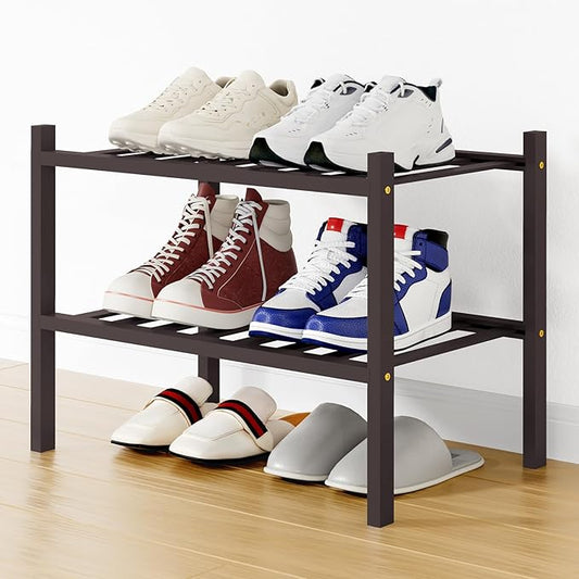 Smiry Bamboo Shoe Rack, 12 Vertical Slats, 2 Tier - 17.3" Wide, Brown | Stackable Free Standing Wooden Shoe Organizer, Wood Shoe Storage Shelf for Closet, Entryway