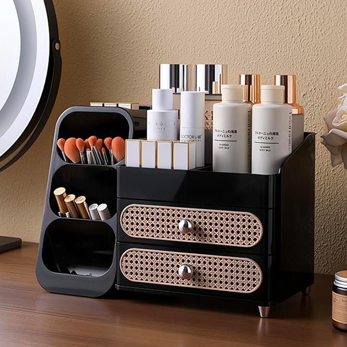 Aveniee Makeup Organizer with Drawers, Large Bathroom Countertop Organizer for Vanity, Desk Cosmetics Storage for Perfume Brushes Skincare Eyeshadow Lotions Lipstick-Black