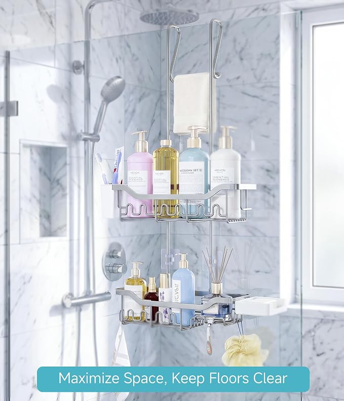 Shower Caddy Hanging Over the Door, Upgraded Extended Length Shower Organizer, Rustproof Bathroom Rack with Hooks Soap Holder, Silver