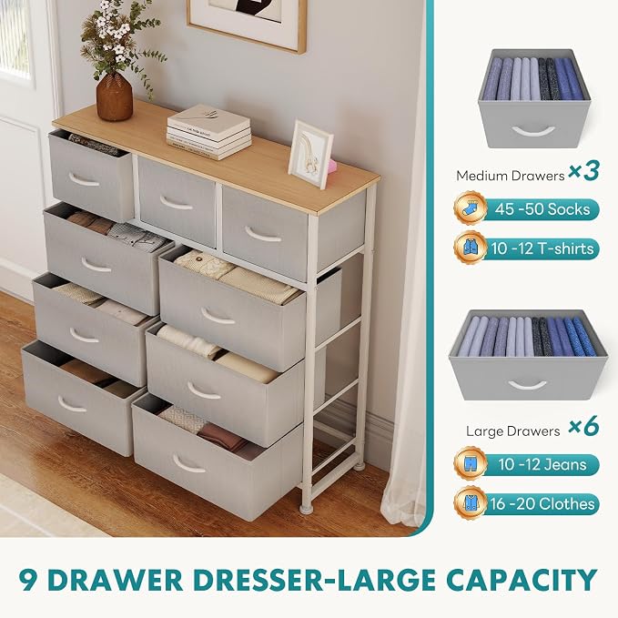 OLIXIS 9 Drawer Tall Dresser for Bedroom, Closet Organizers and Storage | Fabric Dresser with Wooden Top, Chest of Drawers for Clothes Storage, Tower Cabinet, Furniture, TV Stand, Light Grey