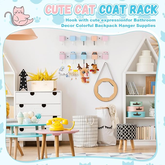 Maitys 2 Pcs Kids Coat Rack Wall Mount Kids Wall Hooks Rainbow Coat Rack Hooks for Boys Girls Toddler Cute Bathroom Decor Colorful Backpack Hanger Supplies for Clothes Hat Towel in Bedroom (Cat)
