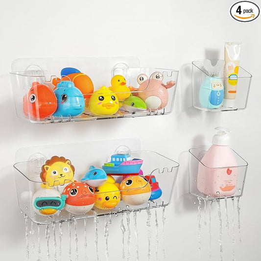 Bath Toy Storage Organizer 2+2 Pack, Bath Toy Holder with Drain Holes | Durable Plastic Bathtub Toy Storage for Bathroom, Quick-Dry Drainable Shower Caddy, Easy to Clean (Clear 2+2 Pack)