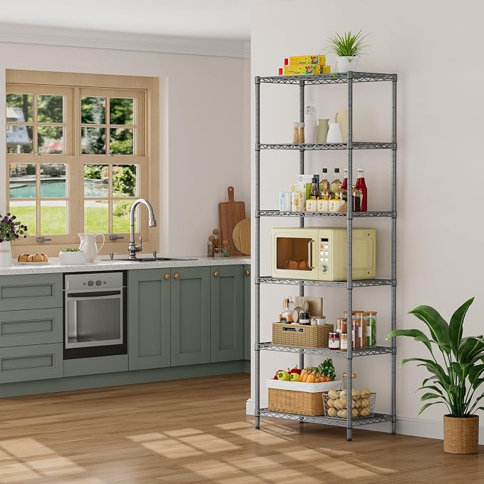 SINGAYE 6 Metal Shelves Wire Shelving Storage Shelf Adjustable Unit Pantry | 6 Tier Kitchen Laundry Room Organization Home Pantry Closet Bathroom Organizers Garage Rack 14" D x 24" W x 72" H Gray